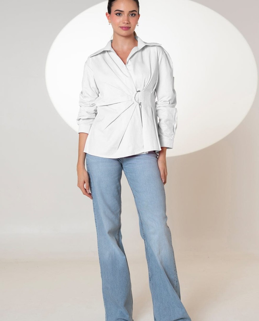 WHITE - Cinched Waist White Cotton -Shirt